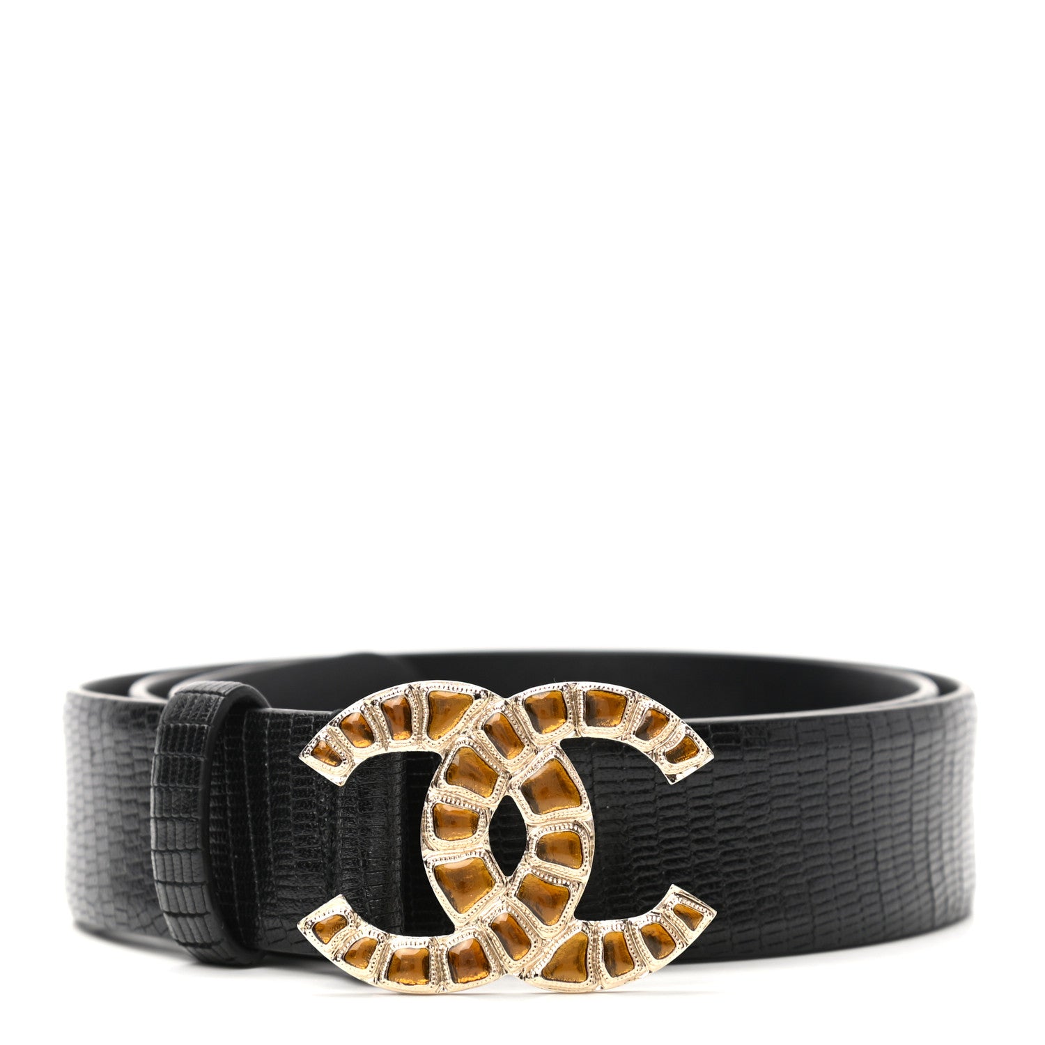 Chanel Lizard Embossed Calfskin Gripoix Poured Glass Along The Nile CC Belt 75 30 Black Gold Orange 1 of 6