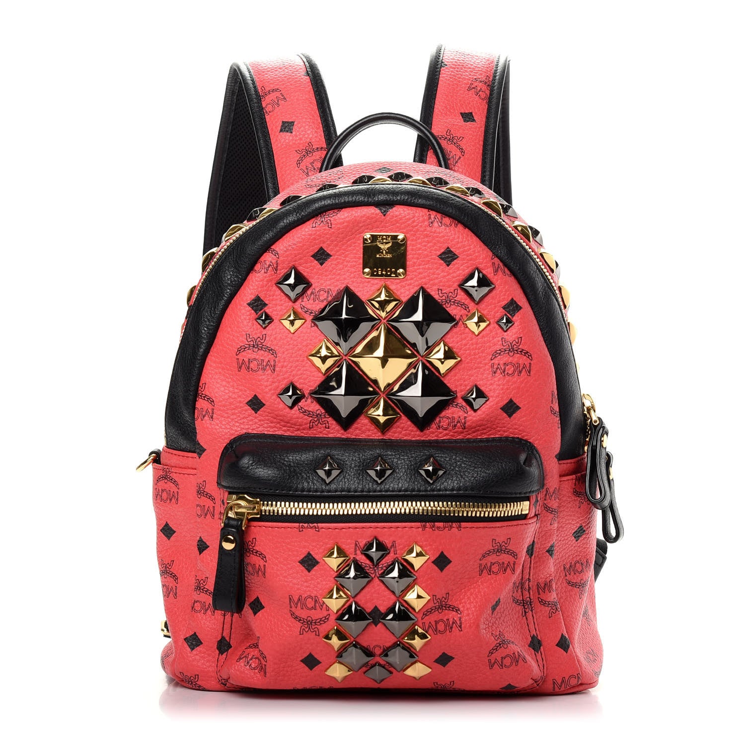 MCM Visetos Studded Colorblock Small Stark Brock Backpack Coral Black 1 of 8