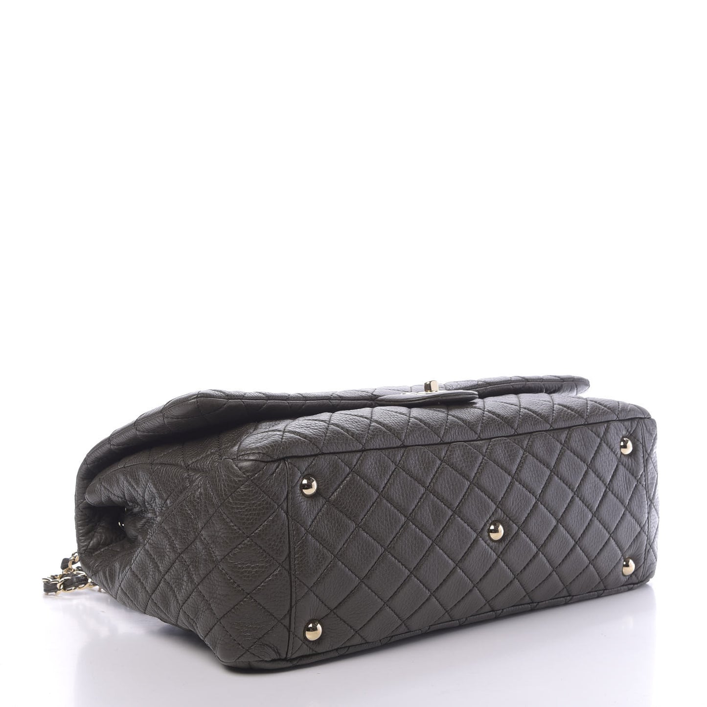 Metallized Calfskin Quilted XXL Travel Flap Bag Khaki