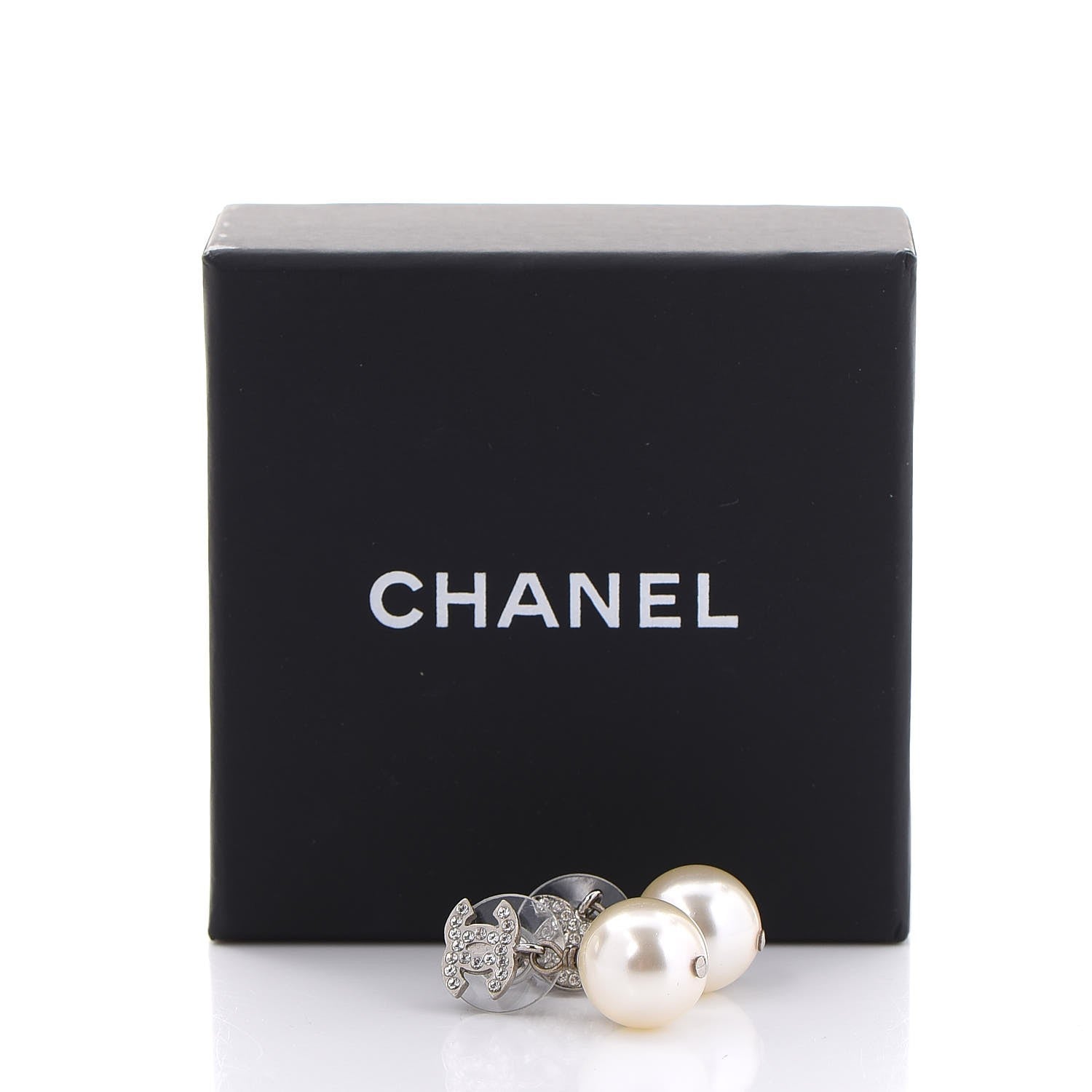 Chanel Crystal Pearl CC Drop Earrings Silver 6 of 6