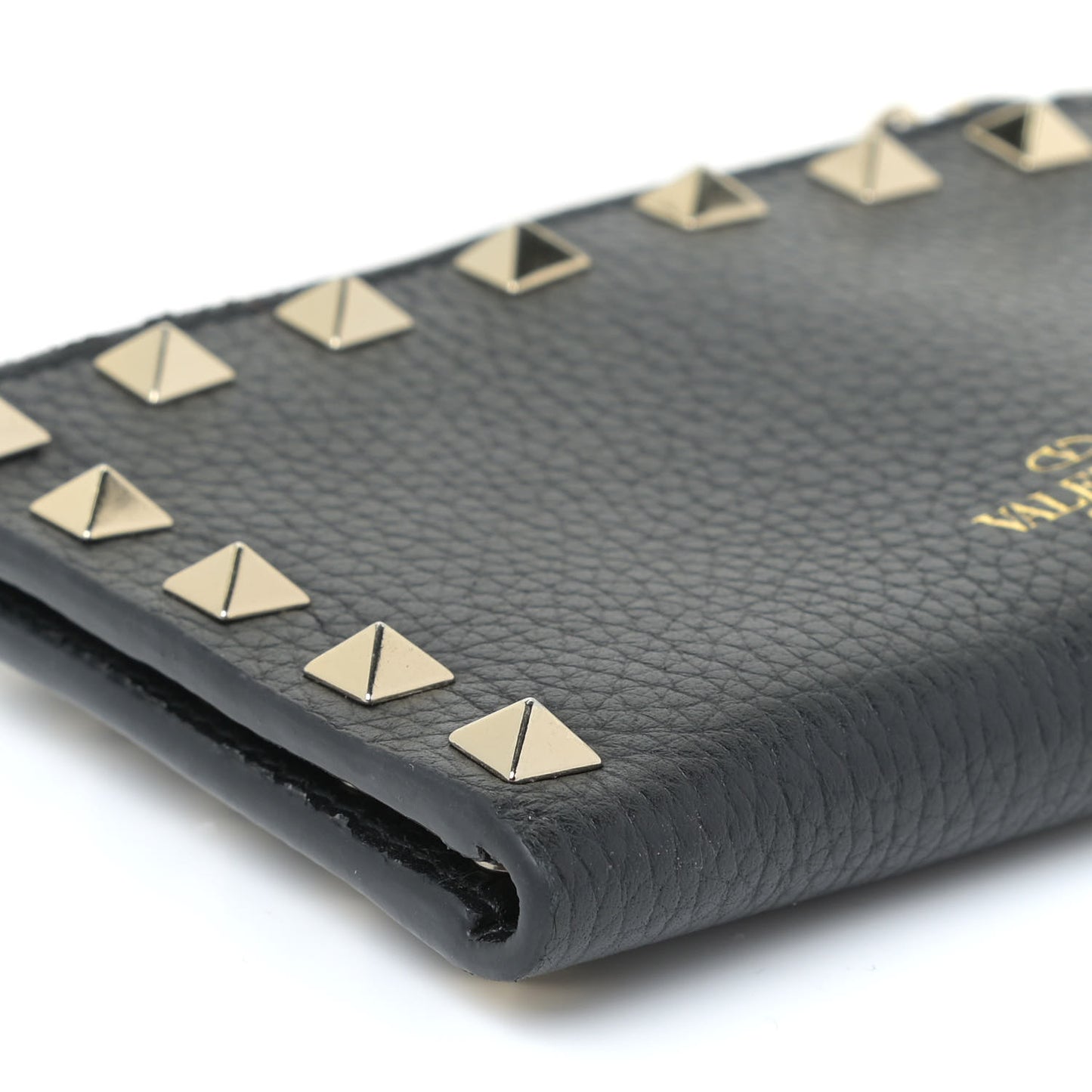 Pebbled Calfskin Rockstud Coin Case Card Holder Black