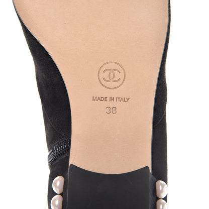 Chanel Suede Calfskin Pearl Cap Toe Short Boots 38 Black 6 of 9