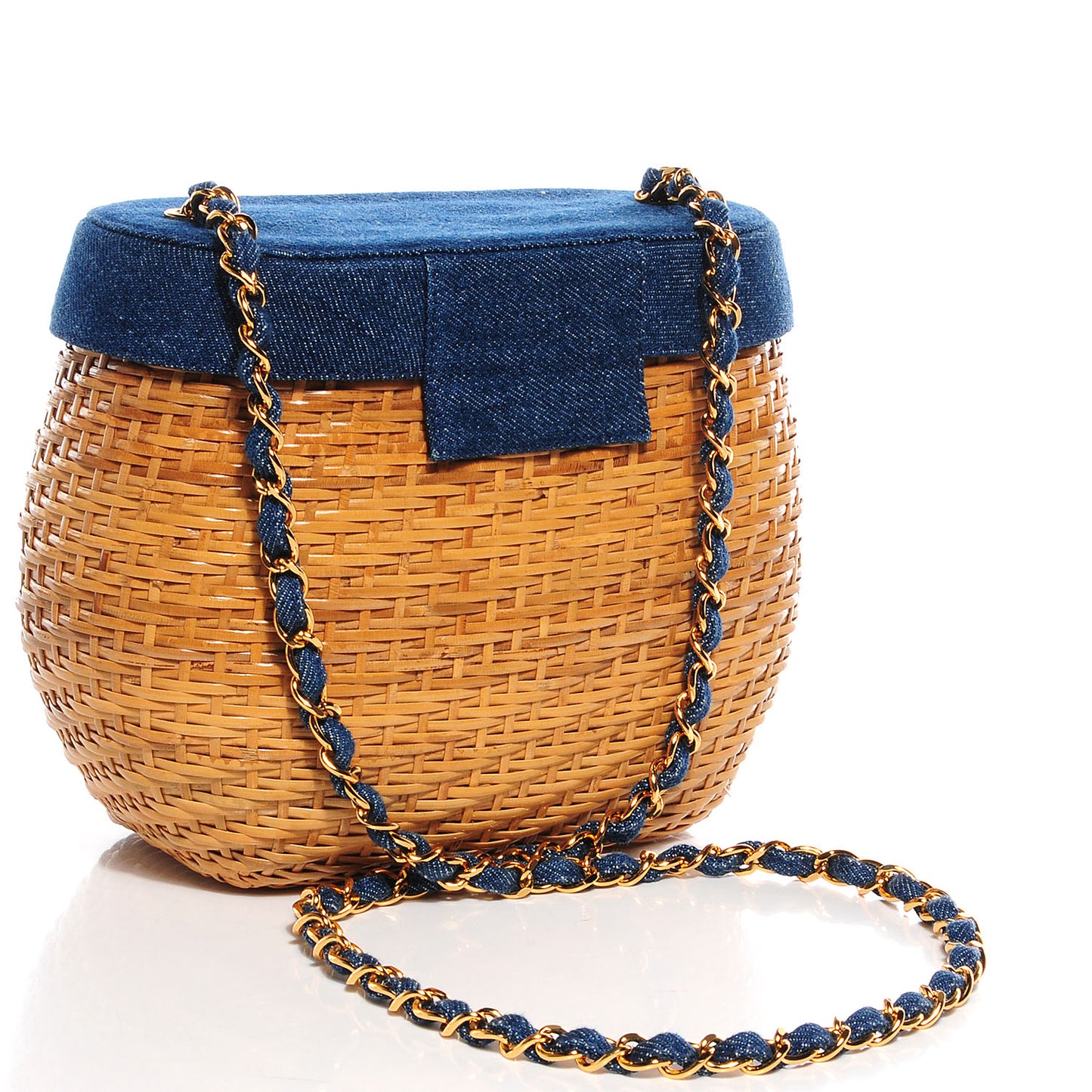 Denim Rattan Basket Shoulder Bag Blue