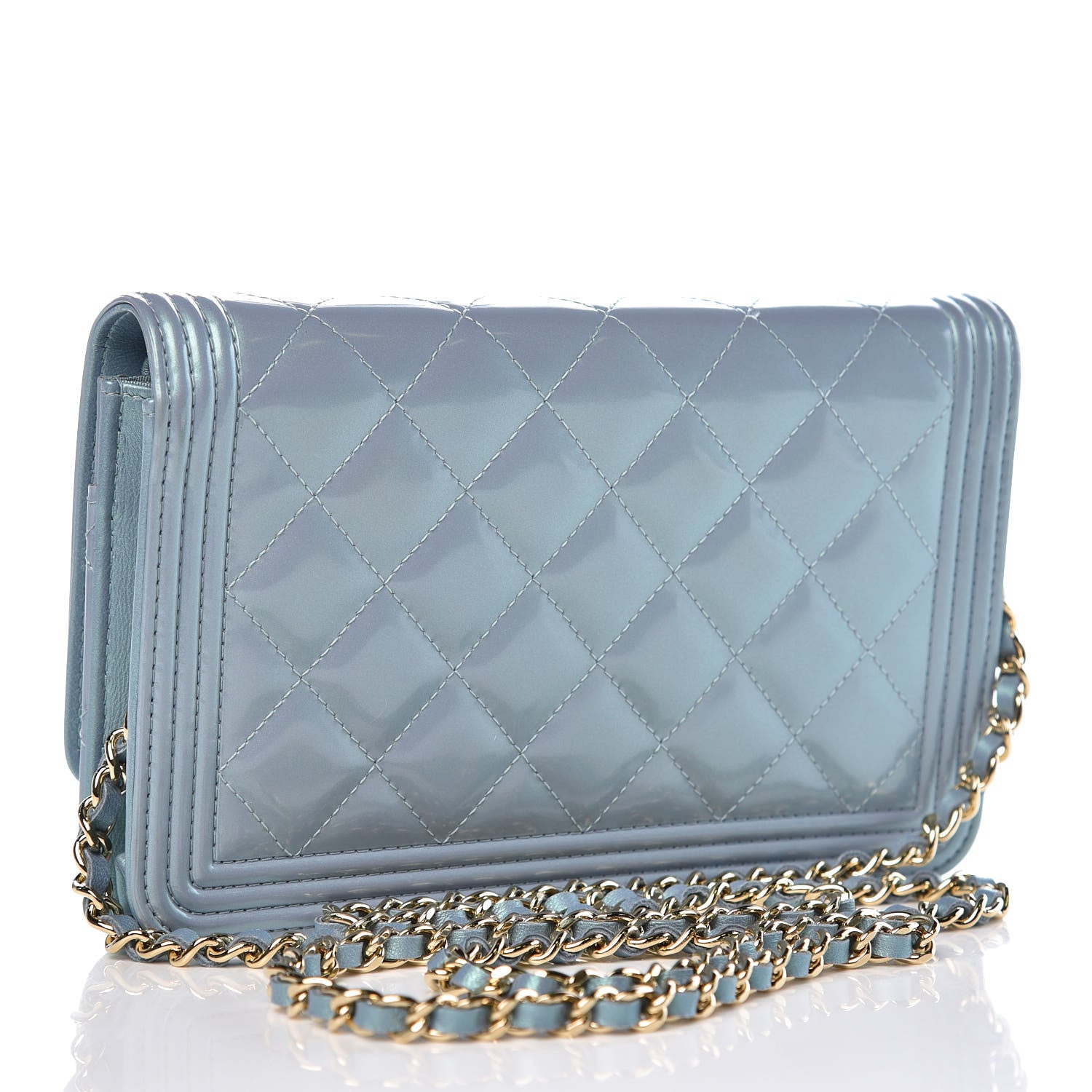 Chanel Metallic Patent Calfskin Quilted Boy Wallet on Chain WOC Light Blue 3 of 10