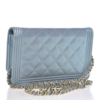 Chanel Metallic Patent Calfskin Quilted Boy Wallet on Chain WOC Light Blue 3 of 10