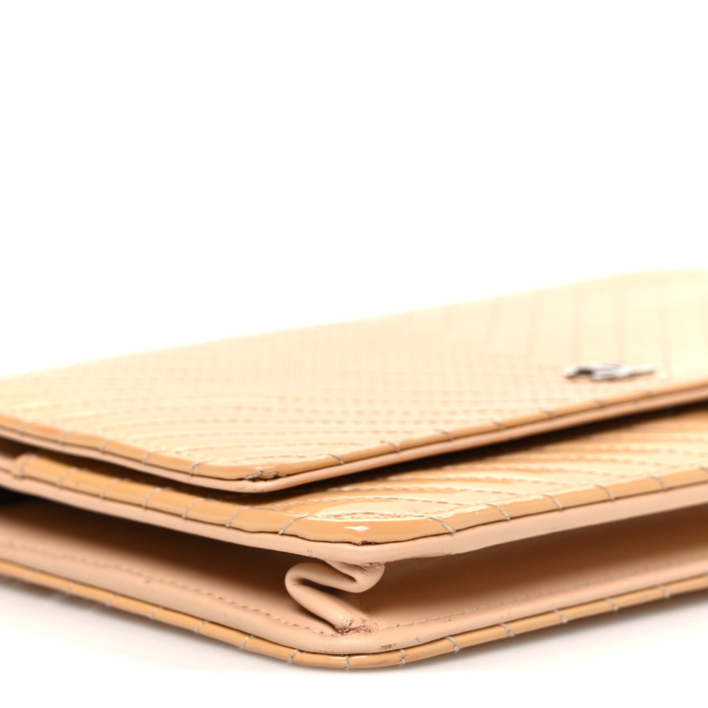 Patent Calfskin Chevron Quilted Wallet On Chain WOC Beige