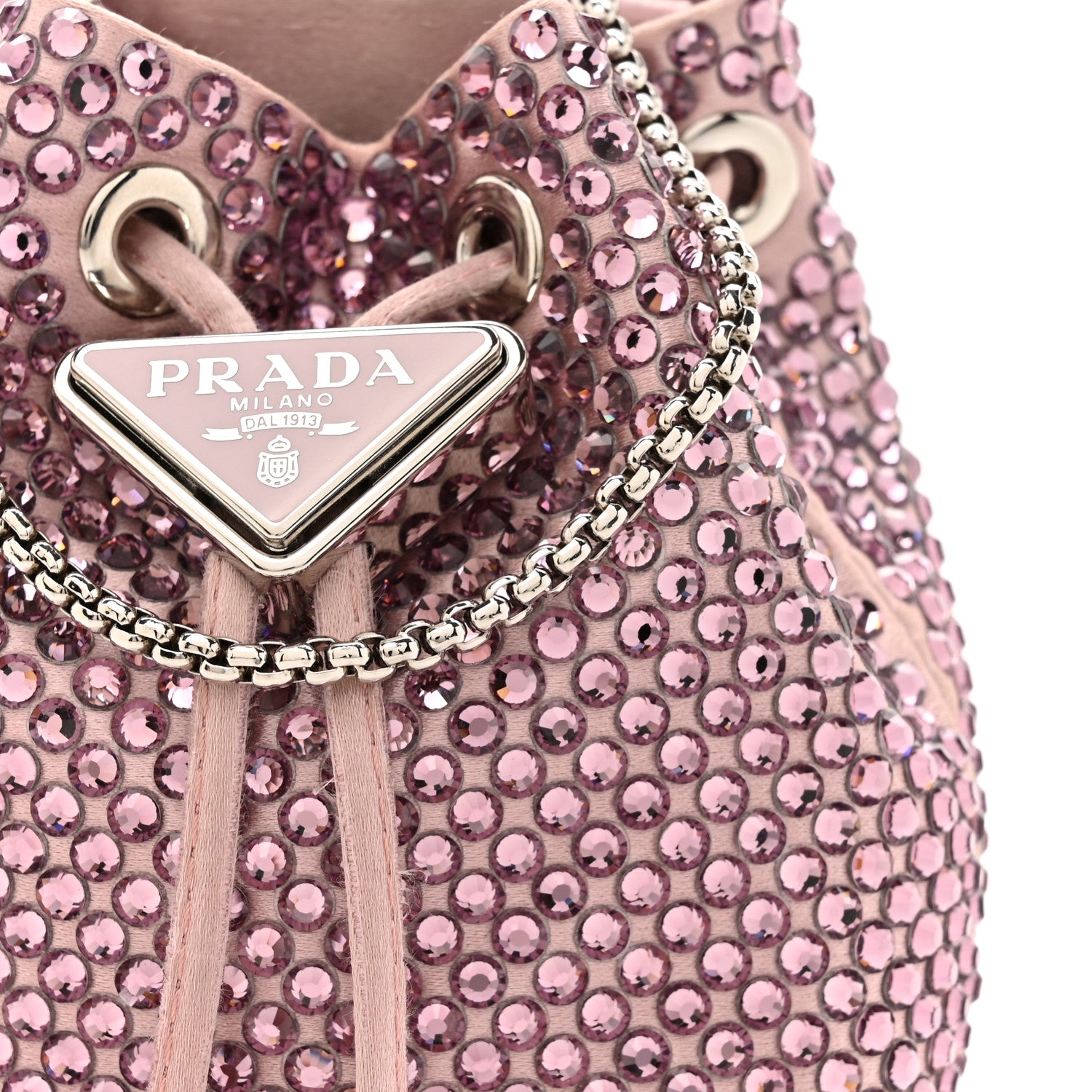 Prada Satin Crystal Metal Triangle Logo Mini Drawcord Pouch Shoulder Bag Alabastro 7 of 13