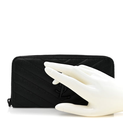 Saint Laurent Grain De Poudre Matelasse Chevron Monogram Monochrome Zip Around Wallet Black 2 of 12