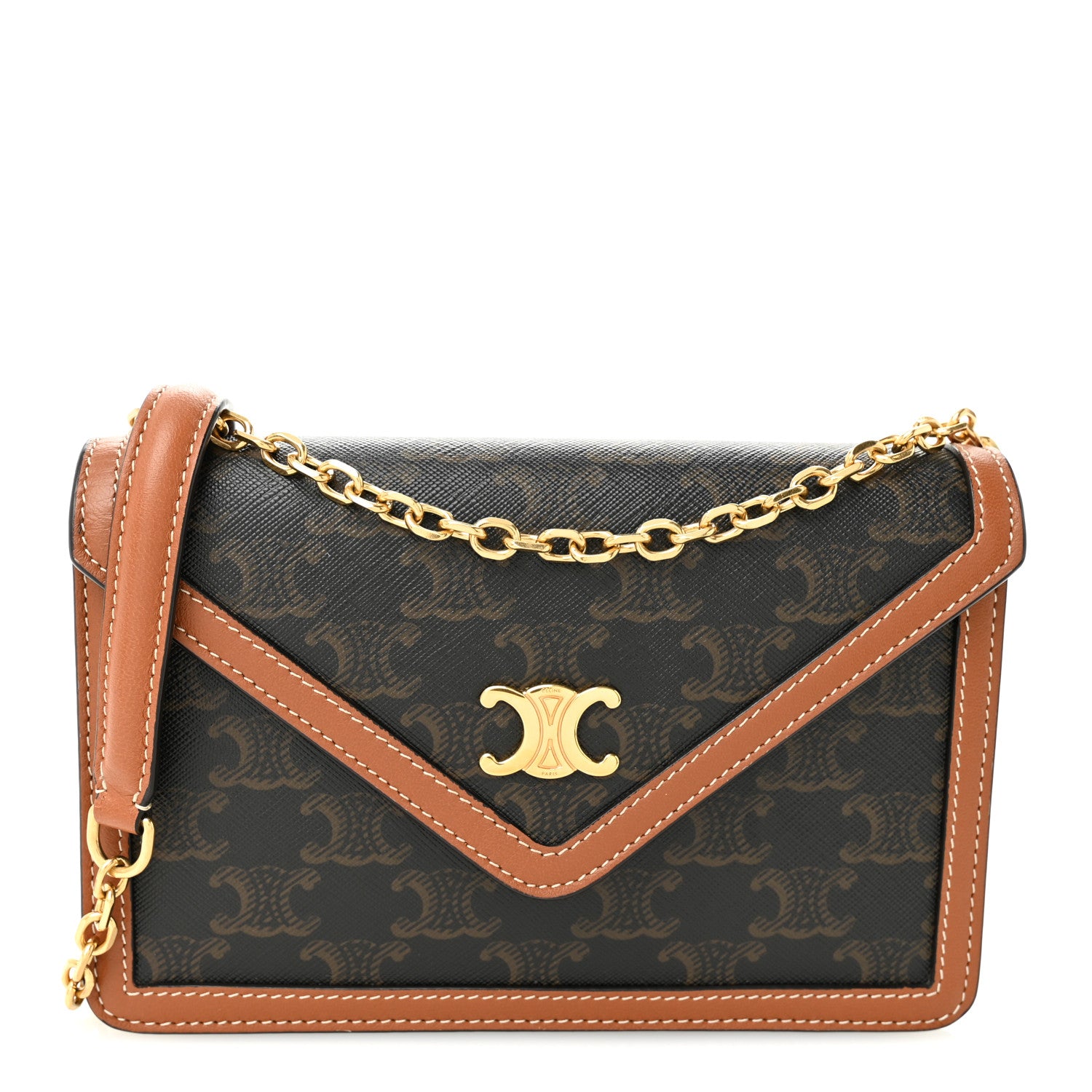 Celine Triomphe Canvas Calfskin Wallet on Chain Tan 1 of 10