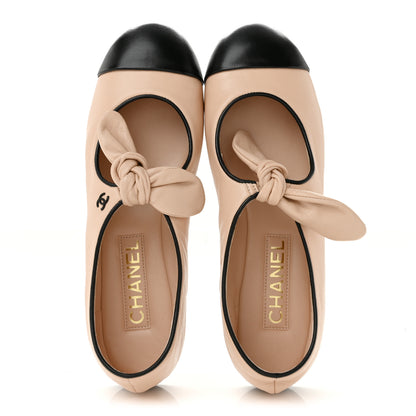 Chanel Lambskin Bow Mary Jane Flats 37 Beige Black 2 of 10
