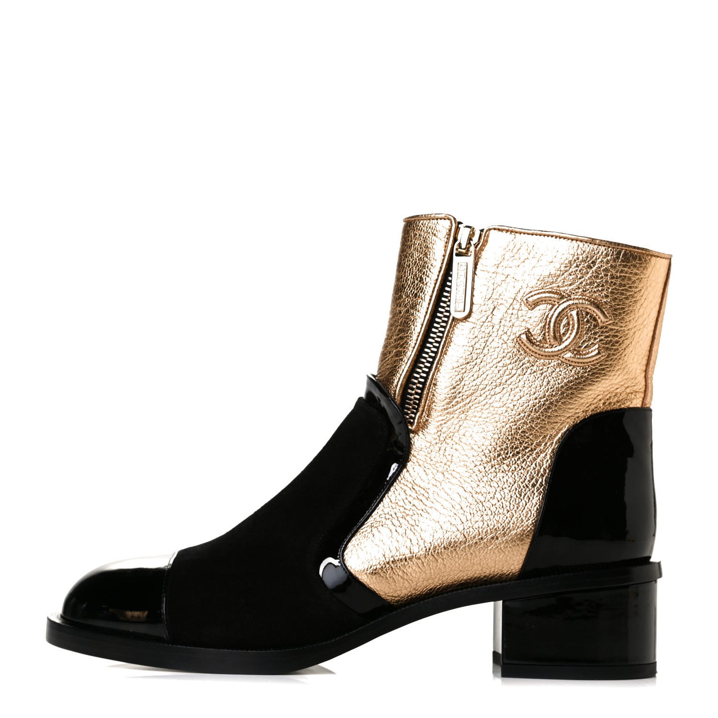 Metallic Calfskin Suede Patent Cap Toe CC Zip Boots 38.5 Gold Black