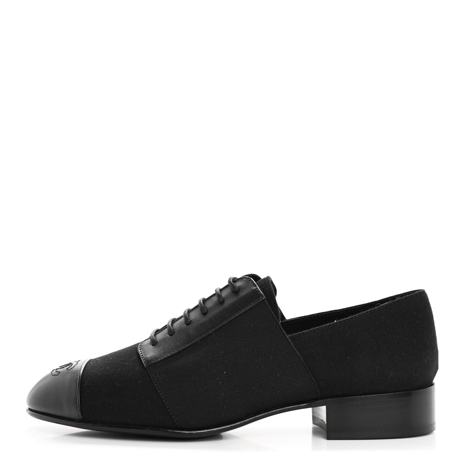 Chanel Calfskin Elastic Lace Up Cap Toe CC Loafers 37 Black 1 of 9