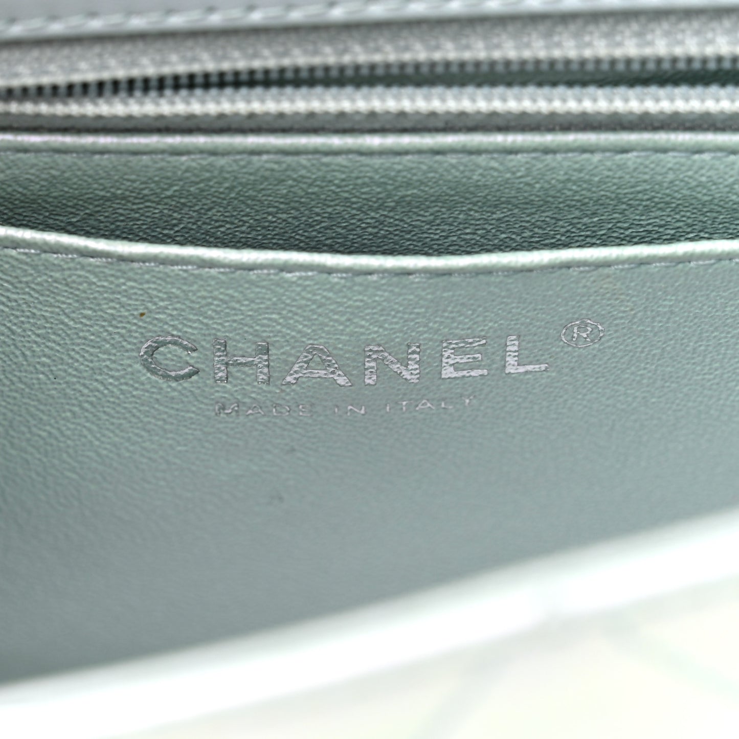 Iridescent Calfskin Quilted Mini Rectangular Flap Light Blue