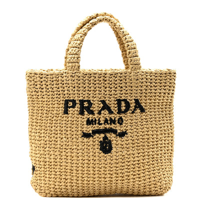 Prada Yarn Raffia Effect Crochet Embroidered Small Logo Tote Naturale 1 of 9