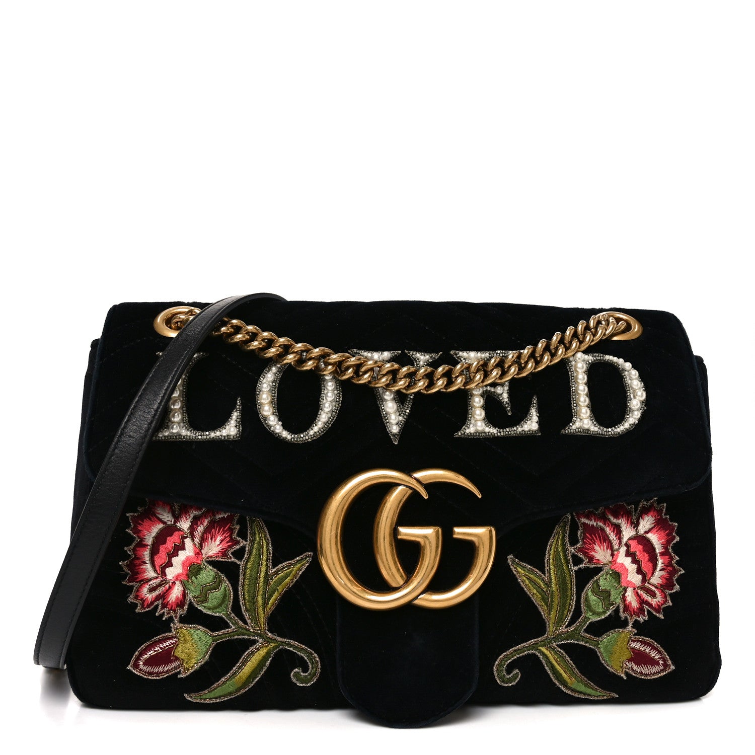 Gucci Velvet Matelasse Loved Embroidered Medium GG Marmont Shoulder Bag Black 1 of 10