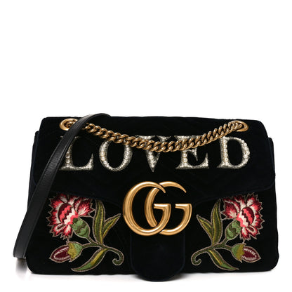 Gucci Velvet Matelasse Loved Embroidered Medium GG Marmont Shoulder Bag Black 1 of 10