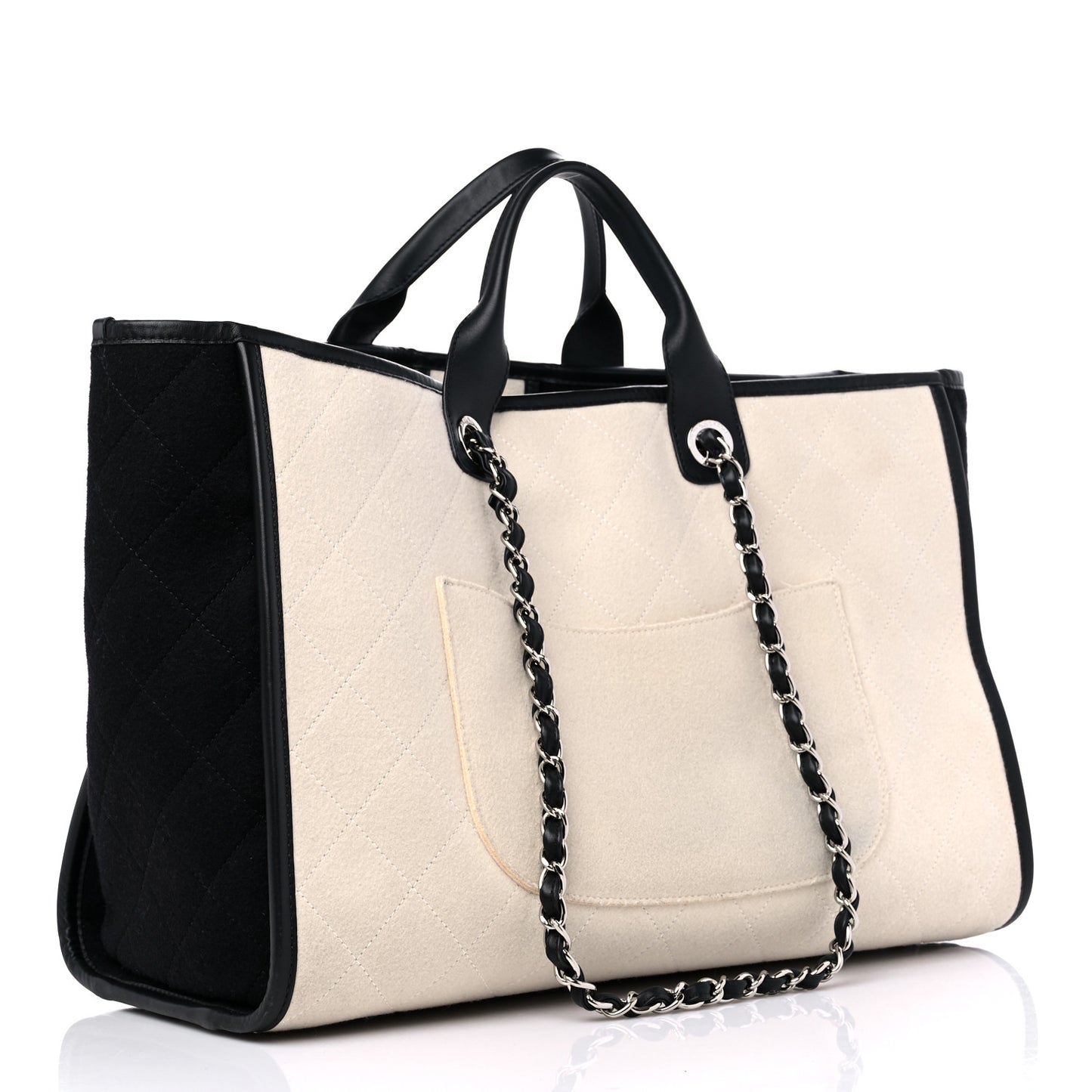 Wool Felt Calfskin Large Deauville Tote White Black