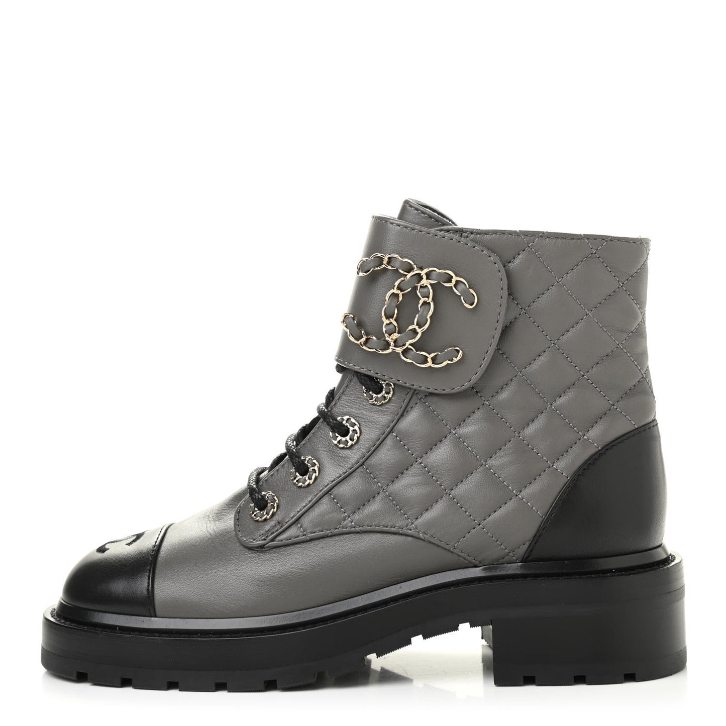 Shiny Lambskin Quilted Lace Up Combat Boots 36.5 Grey Black