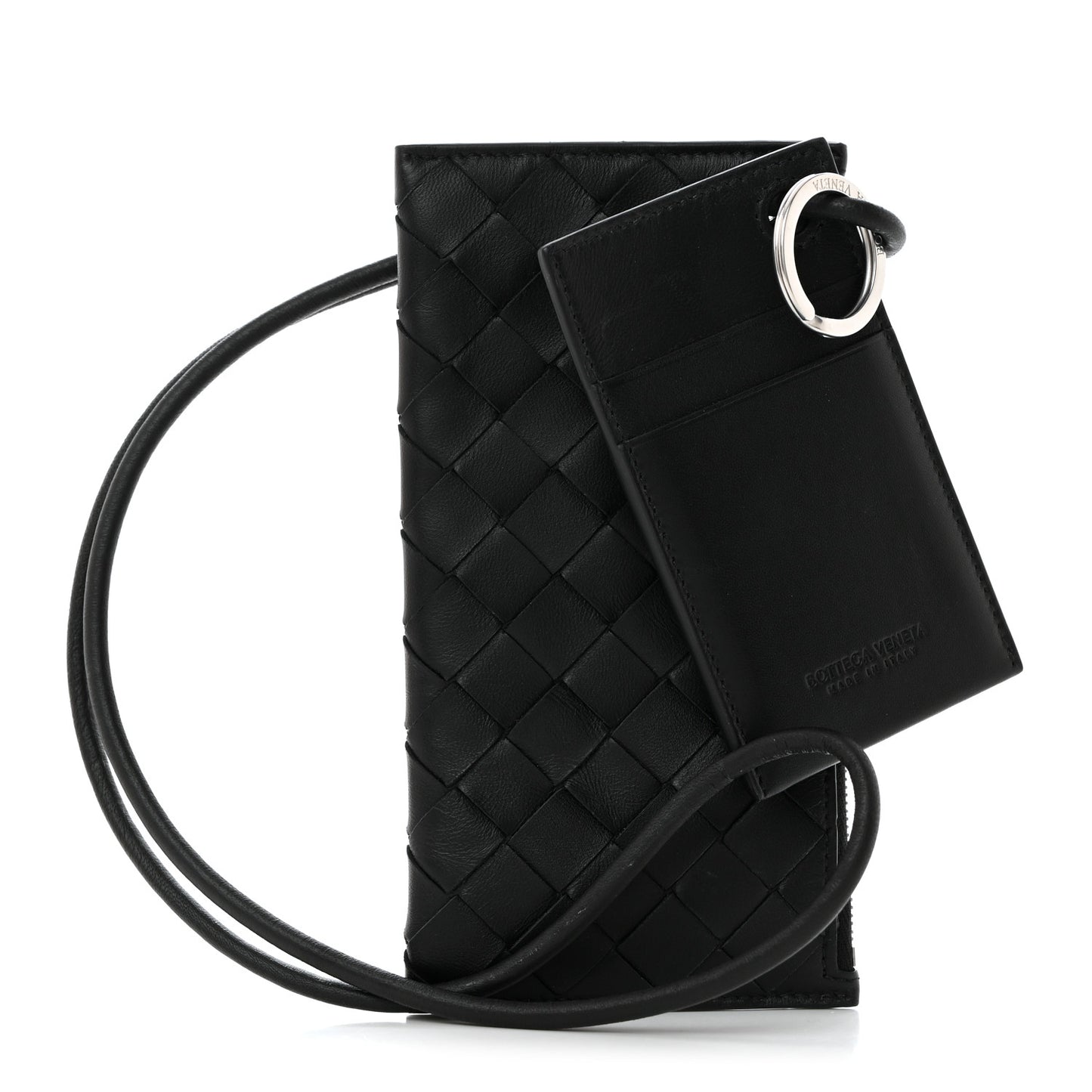 Nappa Intrecciato Card Case On Strap Black