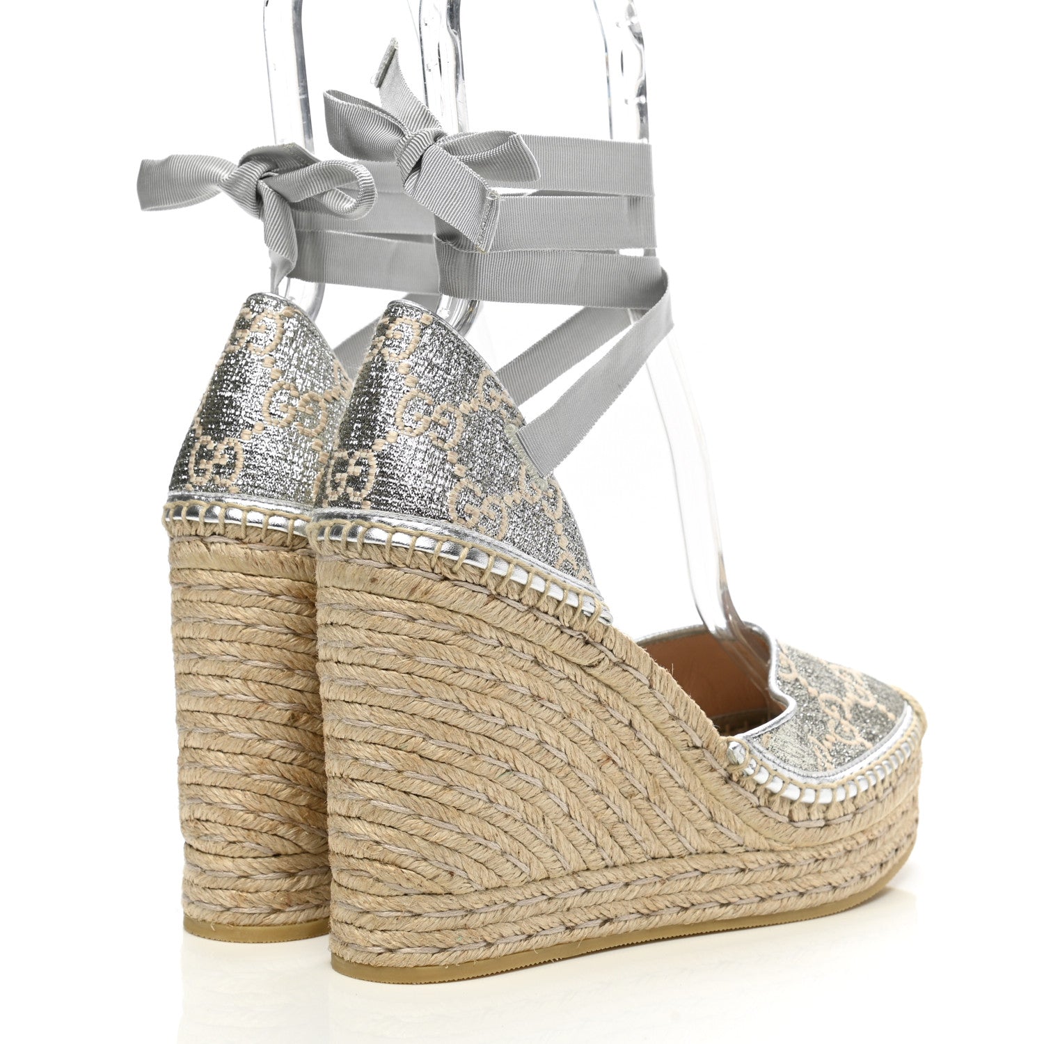 Gucci Lame GG Monogram Ankle Wrap Platform Espadrille Wedges 40 Silver Beige Light Grey 4 of 9