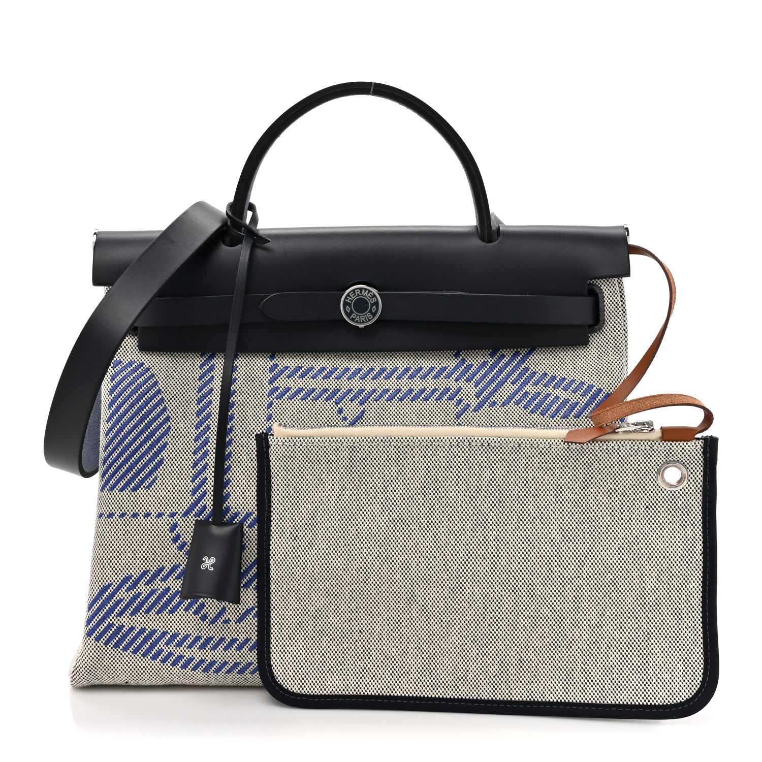 Hermes Vache Hunter Toile H Brides de Gala Herbag Zip Retourne 31 PM Bleu De France Ecru Black 3 of 12