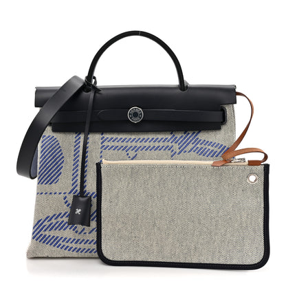 Hermes Vache Hunter Toile H Brides de Gala Herbag Zip Retourne 31 PM Bleu De France Ecru Black 3 of 12
