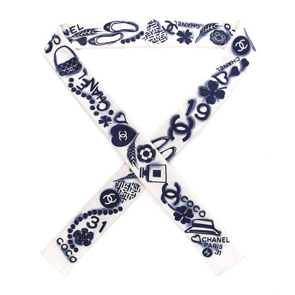 Chanel Silk CC Slim Bandeau Scarf White Blue 1 of 8