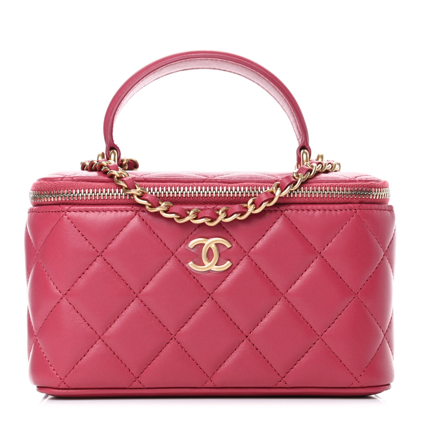 Lambskin Quilted Small Top Handle Vanity Case With Chain Dark Pink