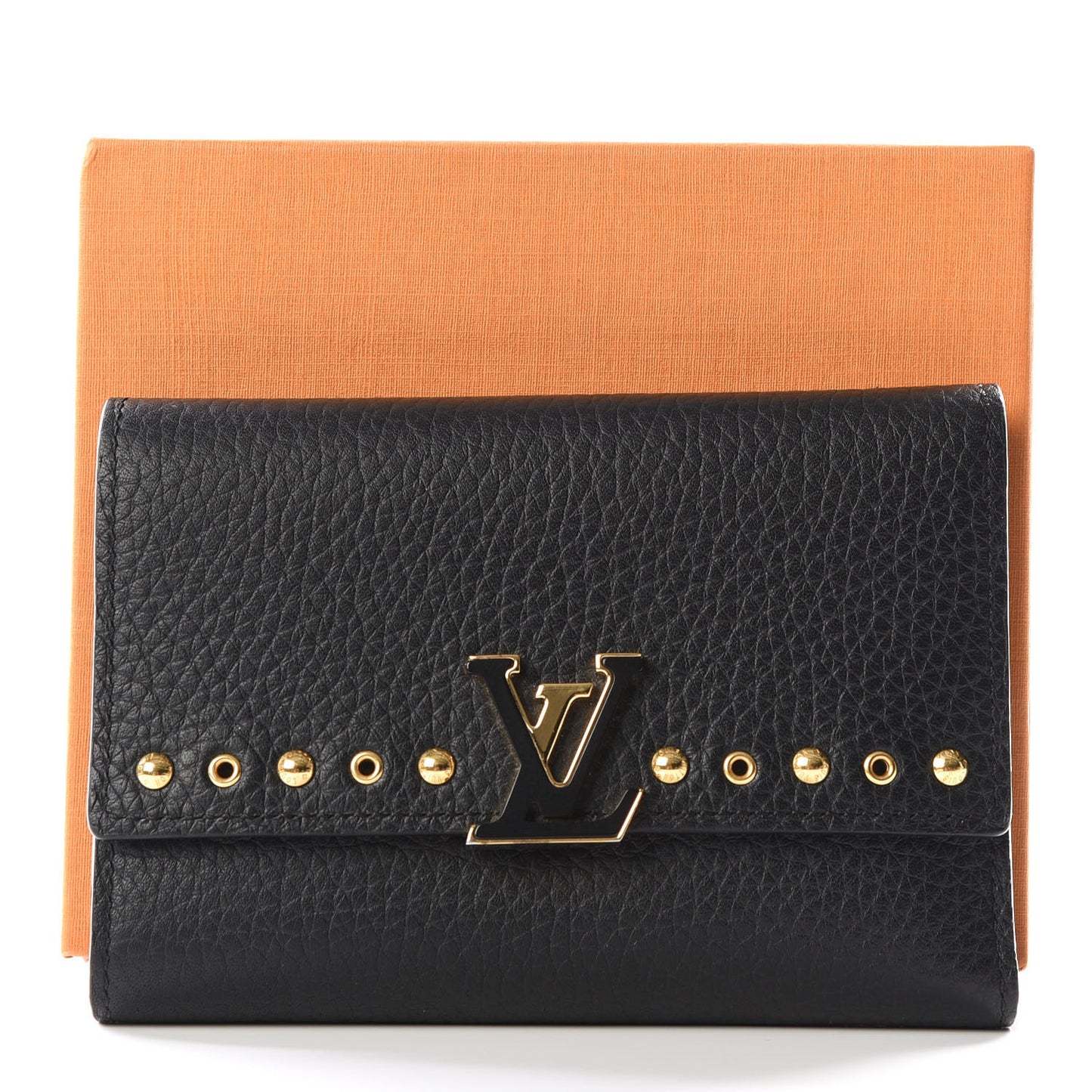 Taurillon Capucines Studded Compact Wallet Black