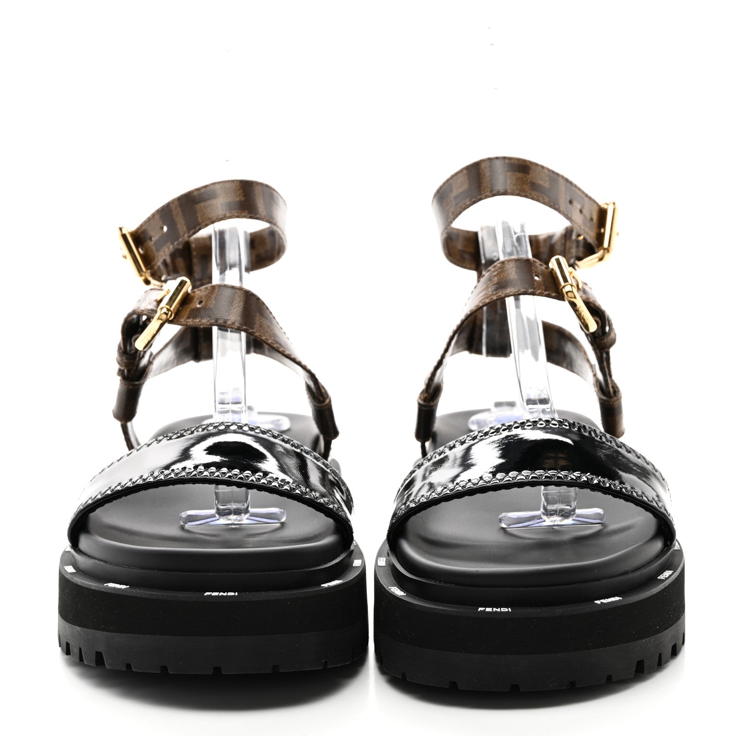 Fendi Vernice High-Tech Glazed Fabric FF Lug Sole Platform Sandals 39.5 Black Tobacco Moro 2 of 9