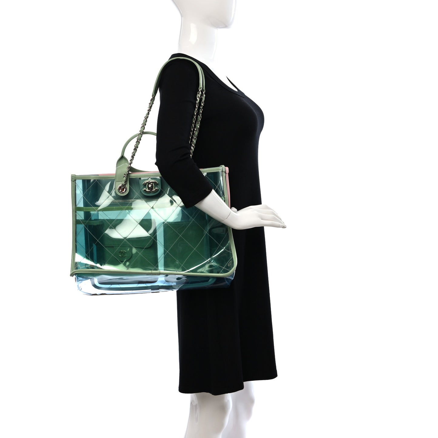 PVC Lambskin Stitched Medium Coco Splash Shopping Bag Blue Green