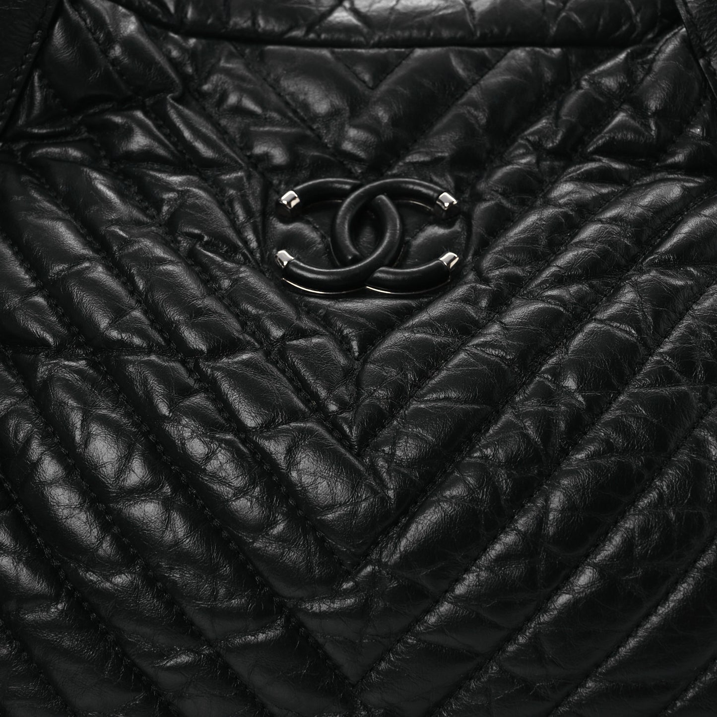 Aged Calfskin Chevron Large Soft Bowling Bag Black