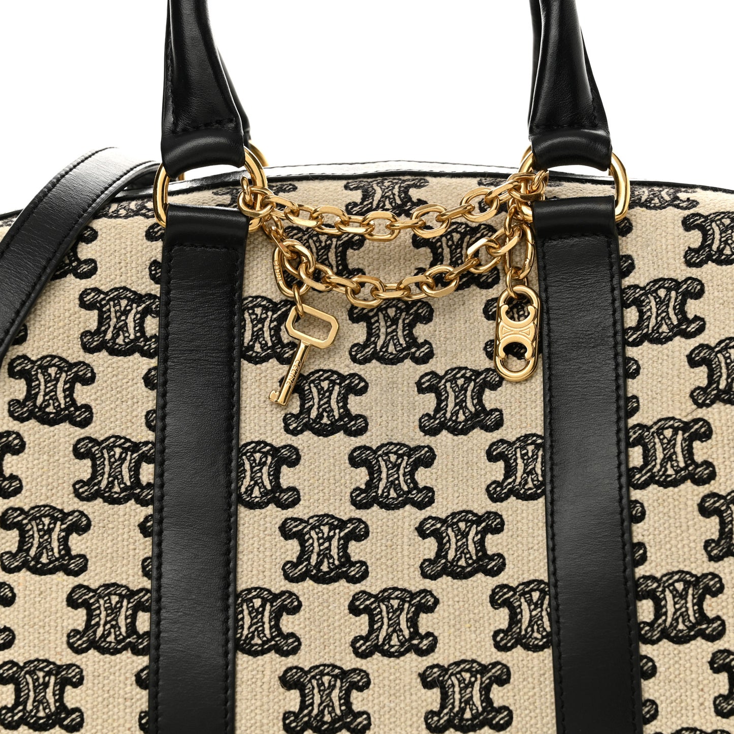 Canvas Calfskin Triomphe Embroidered Boston Bag Black