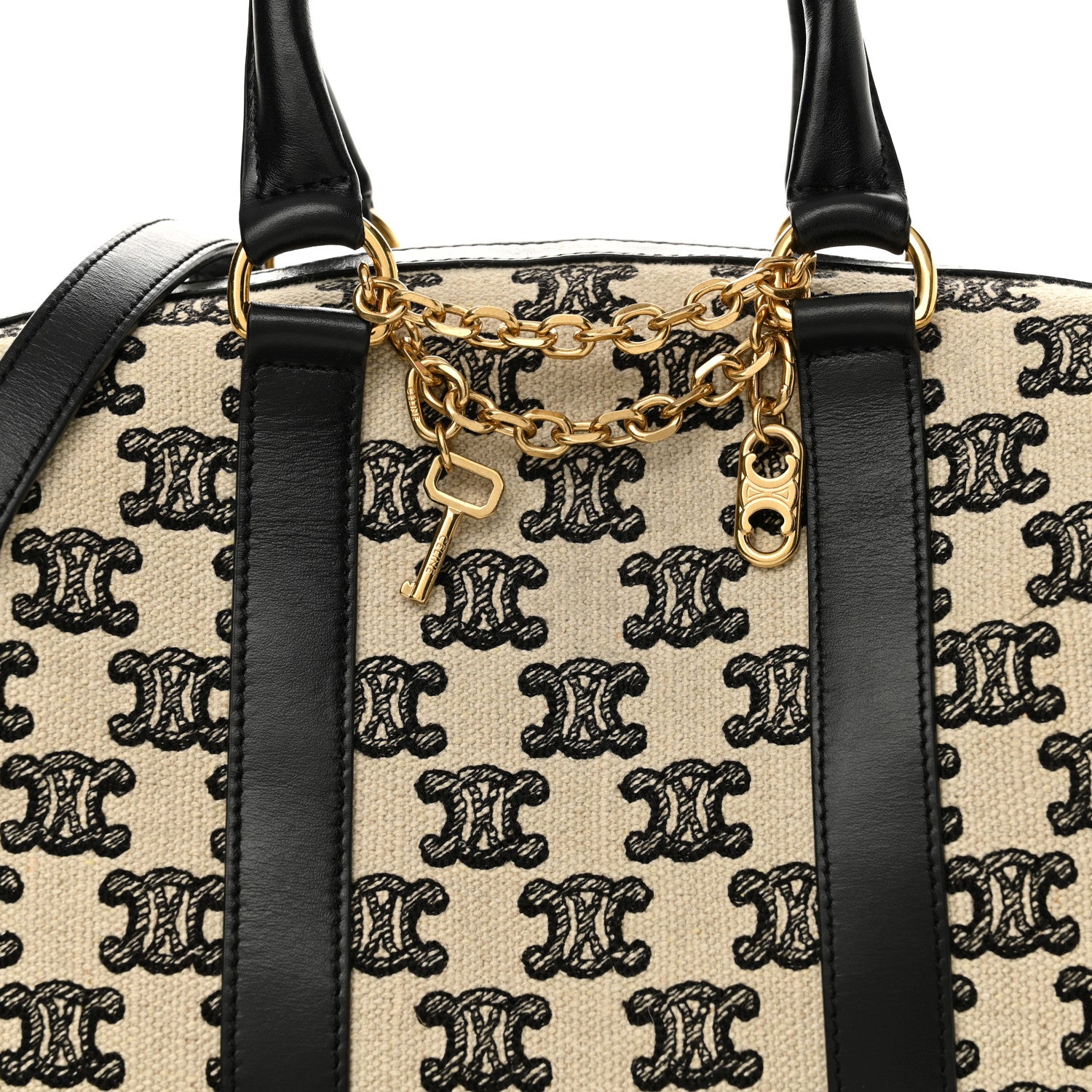 Celine Canvas Calfskin Triomphe Embroidered Boston Bag Black 8 of 12