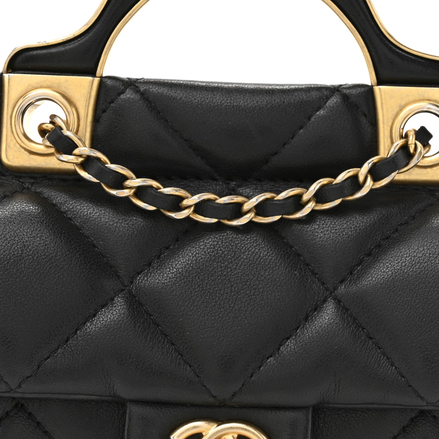 Calfskin Quilted Lady Handle Flap Card Holder With Chain Black