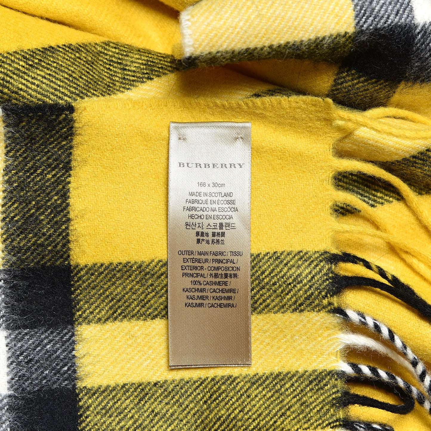 Cashmere Giant Check Fringe Scarf Yellow