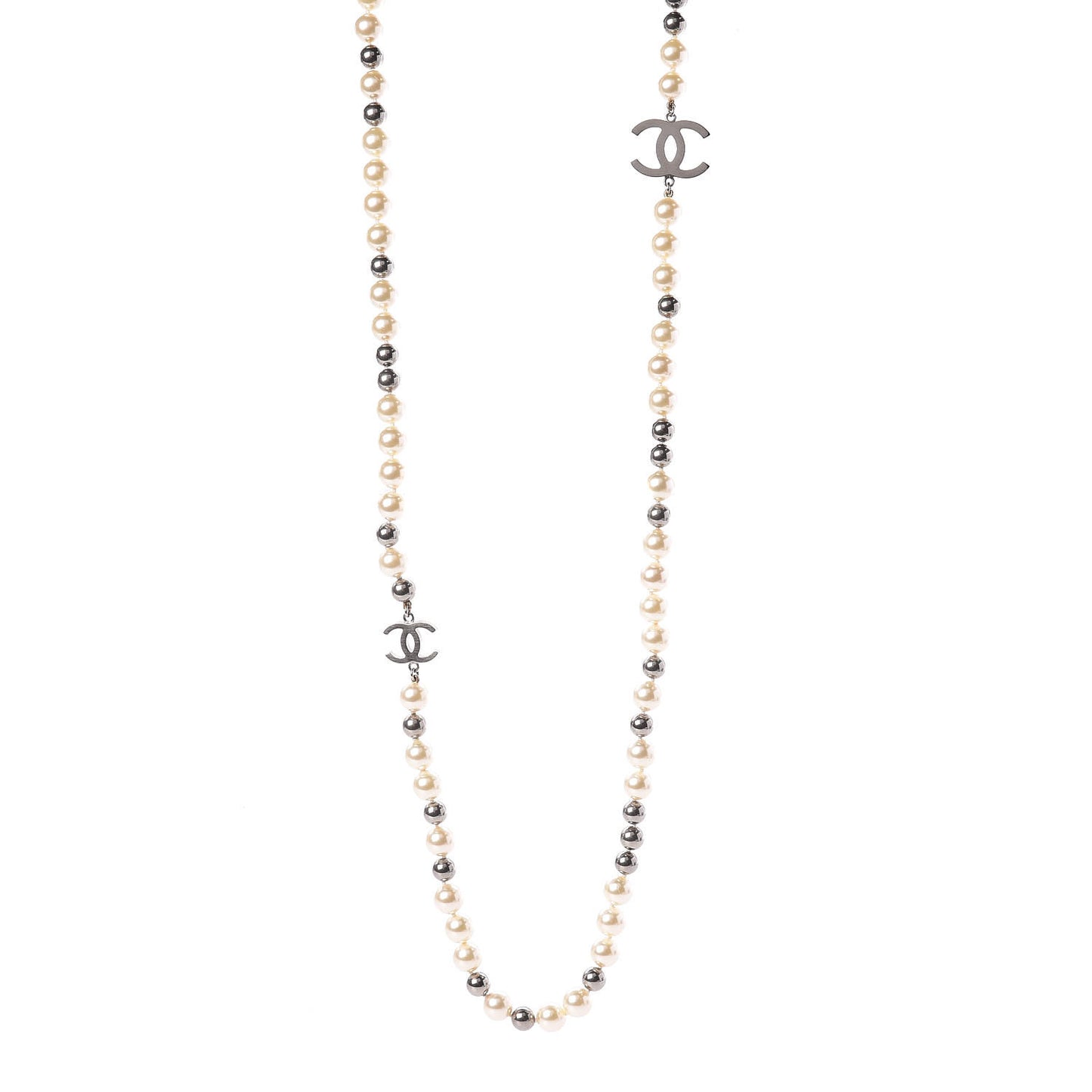 Pearl Bead CC Long Necklace Silver