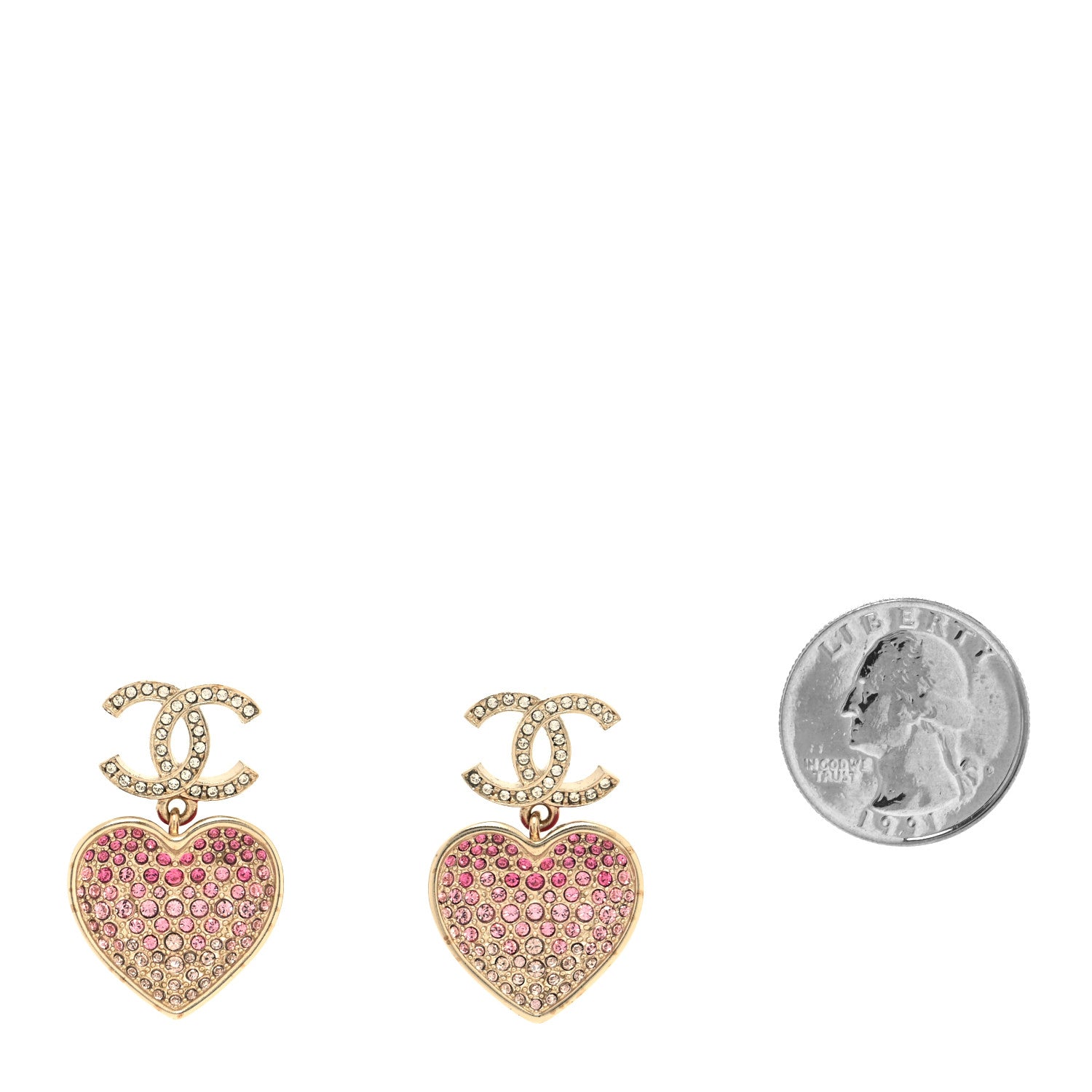 Chanel Crystal CC Resin Heart Drop Earrings Pink Gold 2 of 5