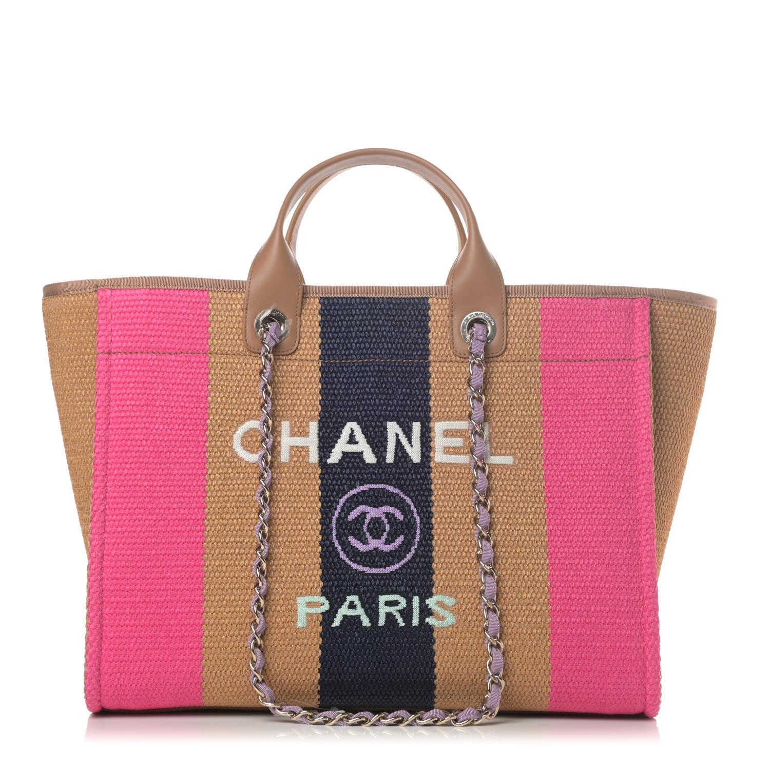 Chanel Straw Raffia Calfskin Striped Medium Deauville Tote Dark Beige Fuchsia Navy Blue 1 of 12
