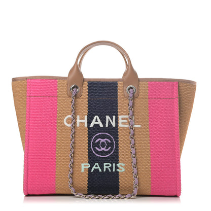 Chanel Straw Raffia Calfskin Striped Medium Deauville Tote Dark Beige Fuchsia Navy Blue 1 of 12