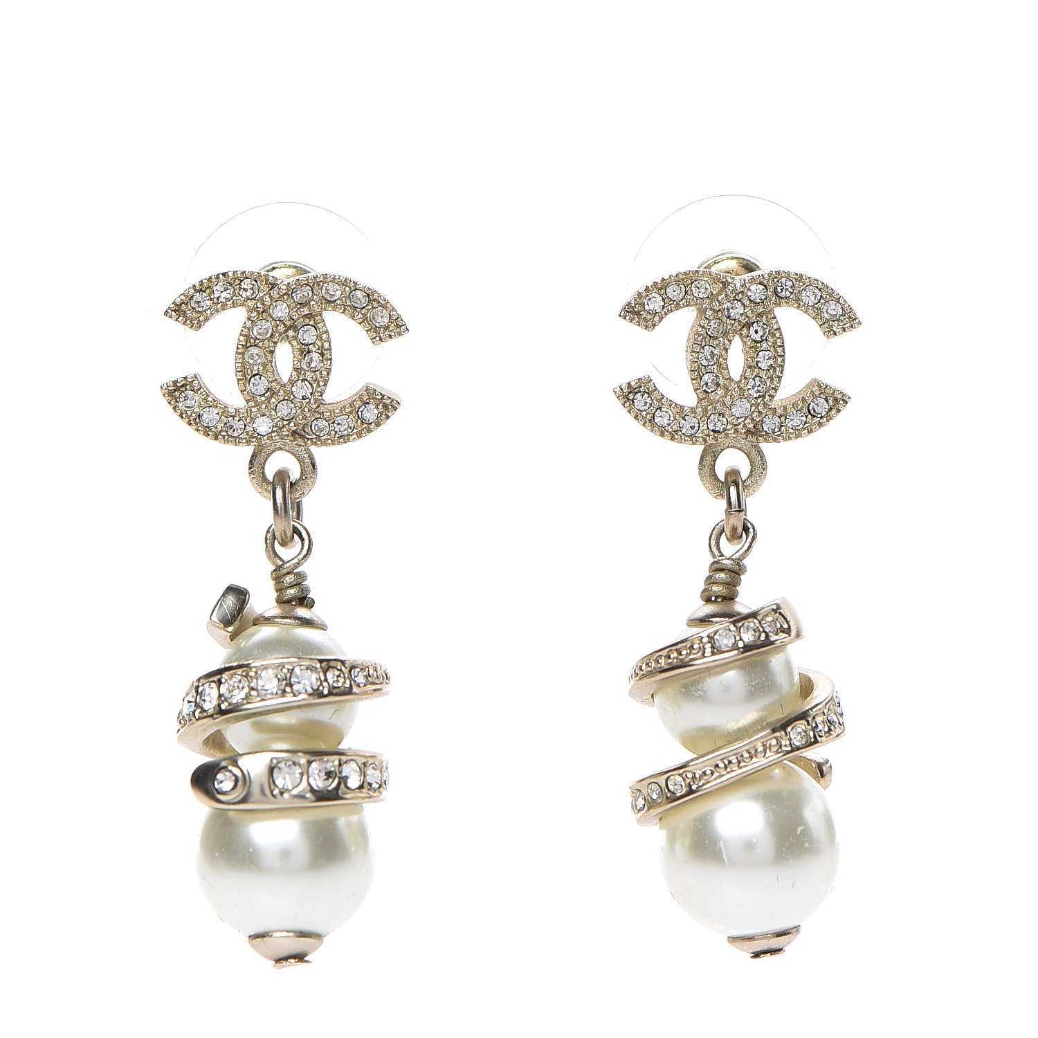 Chanel Crystal Pearl CC Drop Earrings Silver 1 of 5