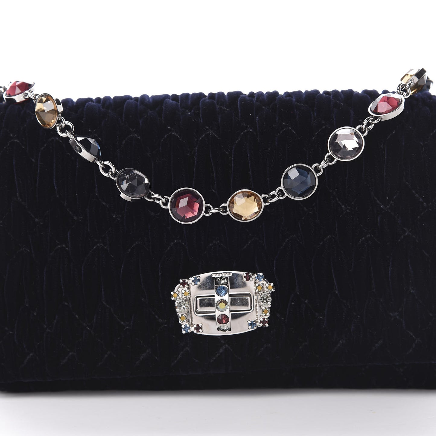 Velluto Matelasse Crystal Flap Clutch Navy