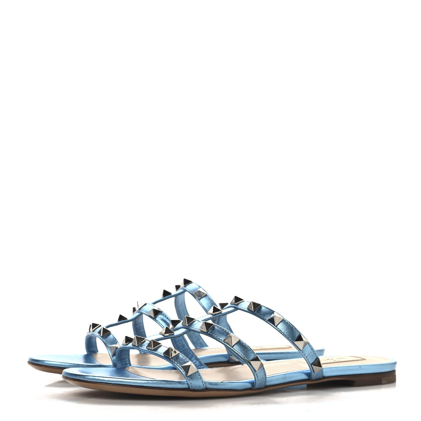 Metallic Nappa Rockstud Caged Flat Slide Sandals 37 Cerulean