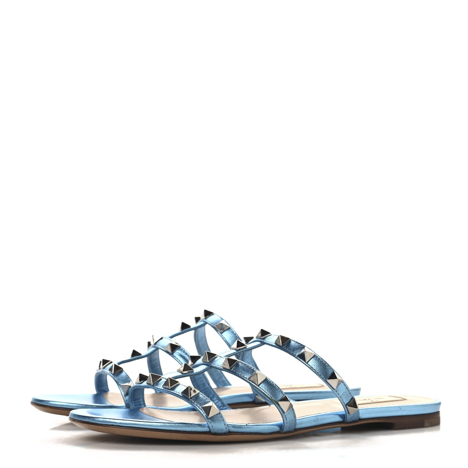 Valentino Garavani Metallic Nappa Rockstud Caged Flat Slide Sandals 37 Cerulean 4 of 11