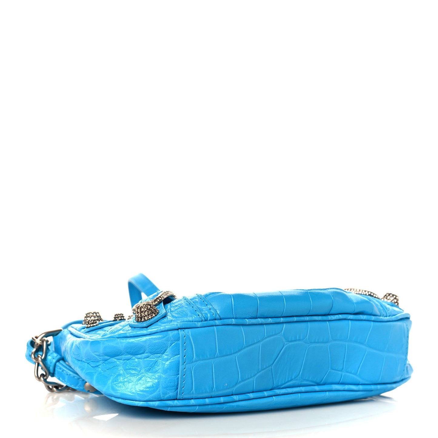Extra Supple Calfskin Crocodile Embossed Crystal Mini Le Cagole Purse With Chain Cyan