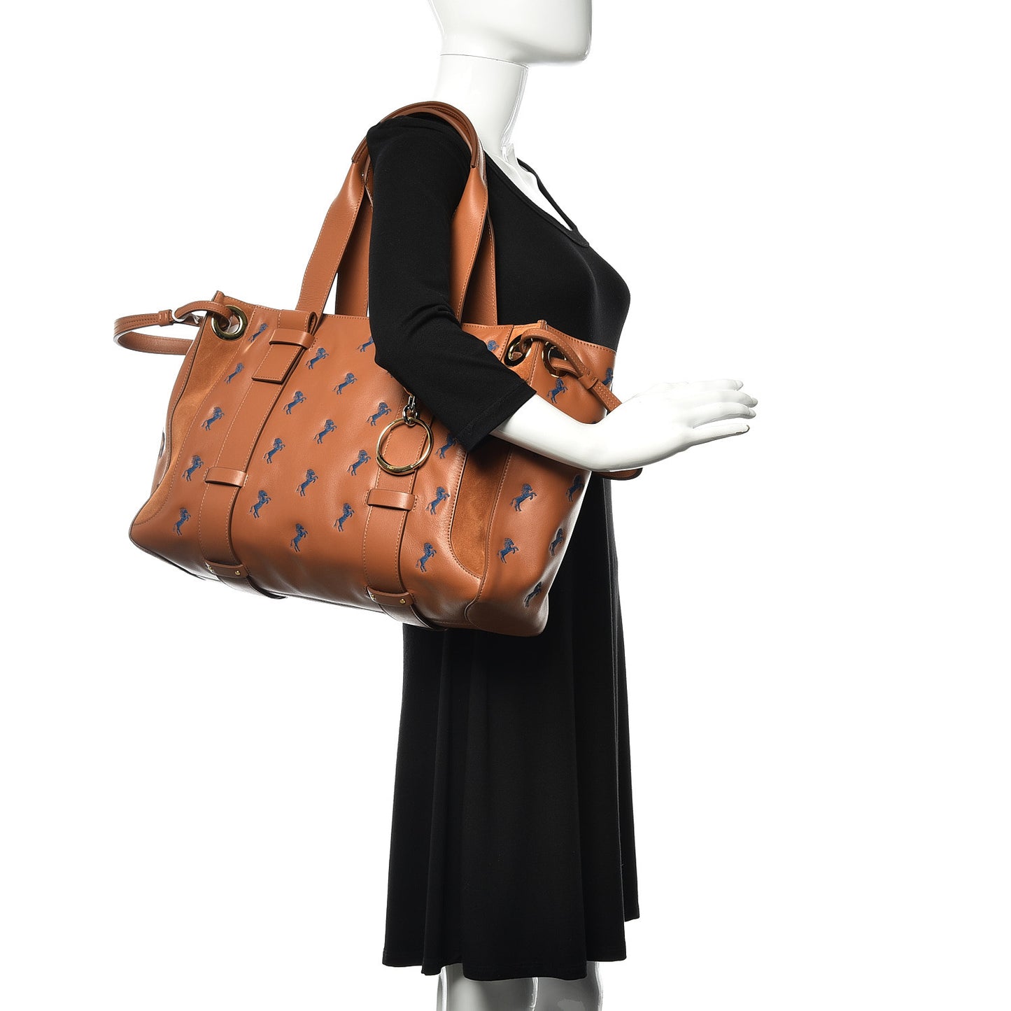 Smooth Calfskin Little Horses Embroidered Tao Zipped Tote Caramel
