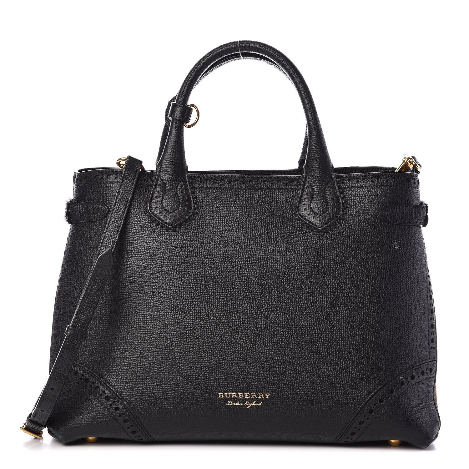 Burberry Grainy Calfskin Perforated House Check Medium Brogue Banner Tote Black 1 of 16