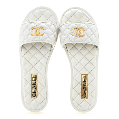 Chanel Lambskin Quilted Textured CC Mules Sandals 40.5 White 2 of 10