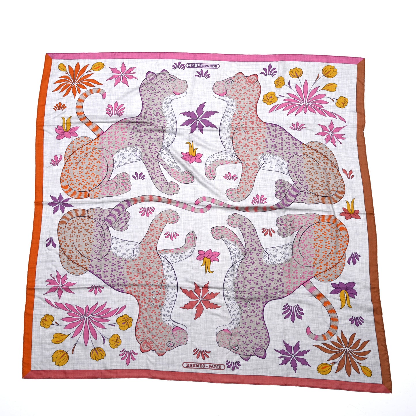 Cashmere Silk Les Leopards Shawl 140 Gris Chine Rose Or