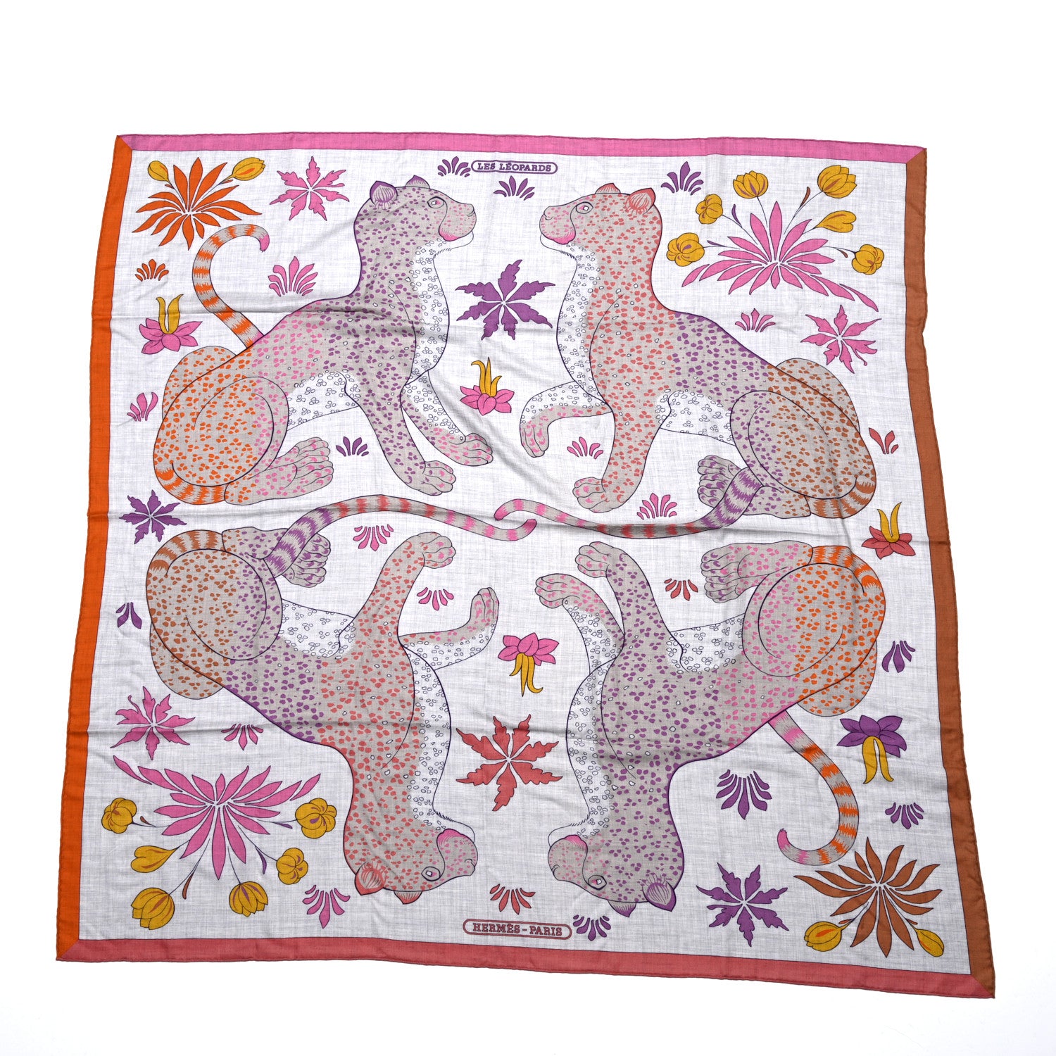 Hermes Cashmere Silk Les Leopards Shawl 140 Gris Chine Rose Or 1 of 5